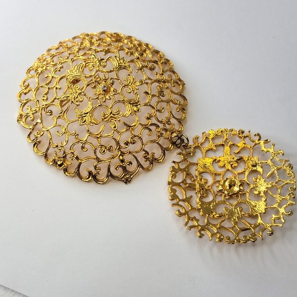 Gold Tone Brooch and Pendant Filigree UNIQUE Statement Pendant Pin - Picture 2 of 15